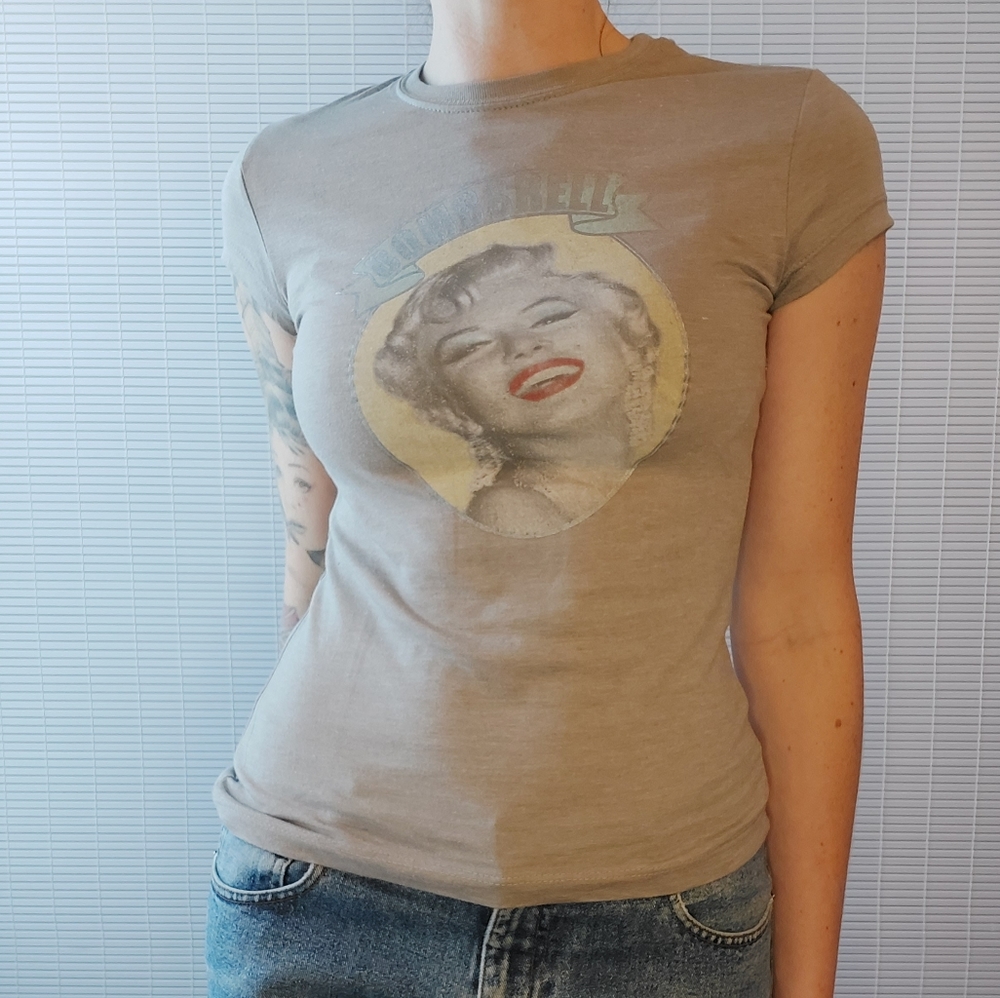 Retro Marilyn Monroe Bombshell Baby Tee Small Y2K Metallic Graphic Fitted